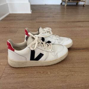Veja White Leather Sneakers with Black V and Red Heel Tab